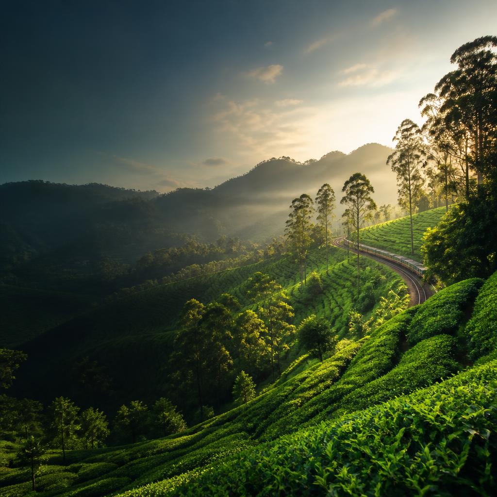 Sunlight breaks over vivid green tea fields and forested hills as a train curves across Sri Lanka's central highlands.